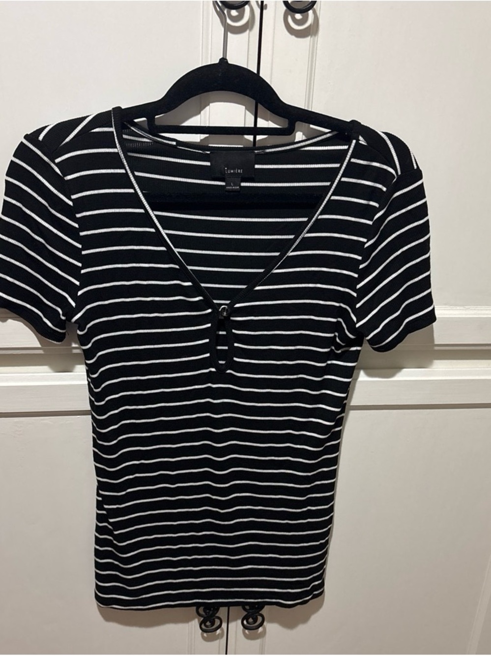 Lumiere Black & White Striped Short Sleeve Tee with V-Loop
